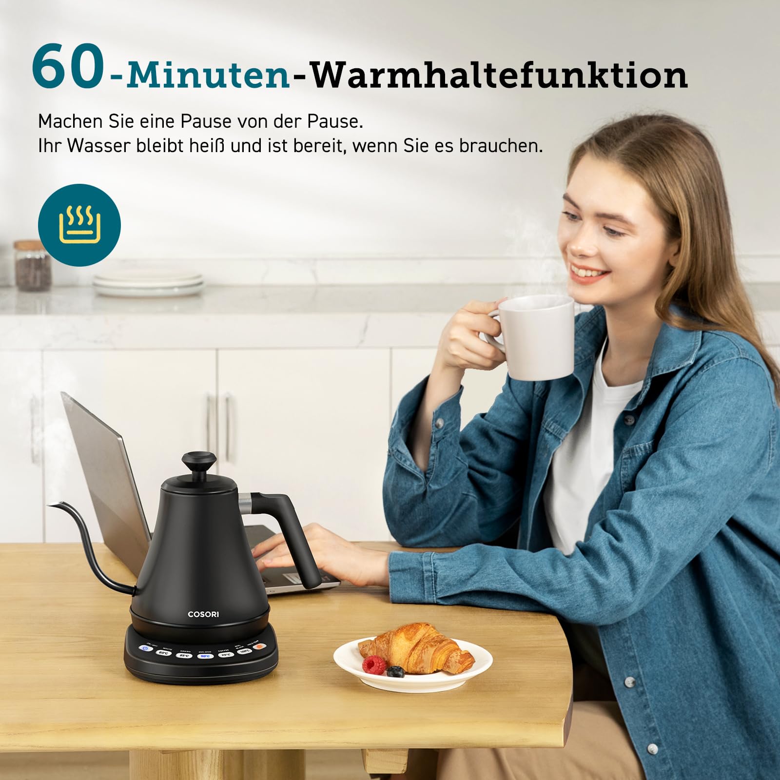 COSORI Wasserkocher Edelstahl Schwanenhals, 0,8 Liter, mit Temperatureinstellung, 80℃ bis 100℃, Warmhaltefunktion für 60 Min, Anthrazitfarben