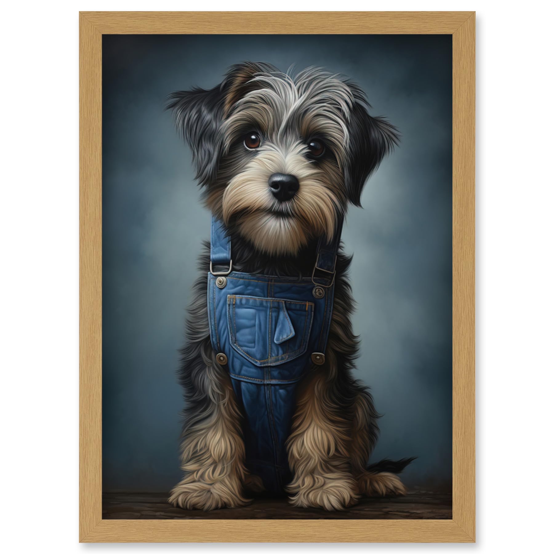 Adorable Snorkie Dog in Blue Jean Dungarees Fun Pet Portrait Framed Art Print A4