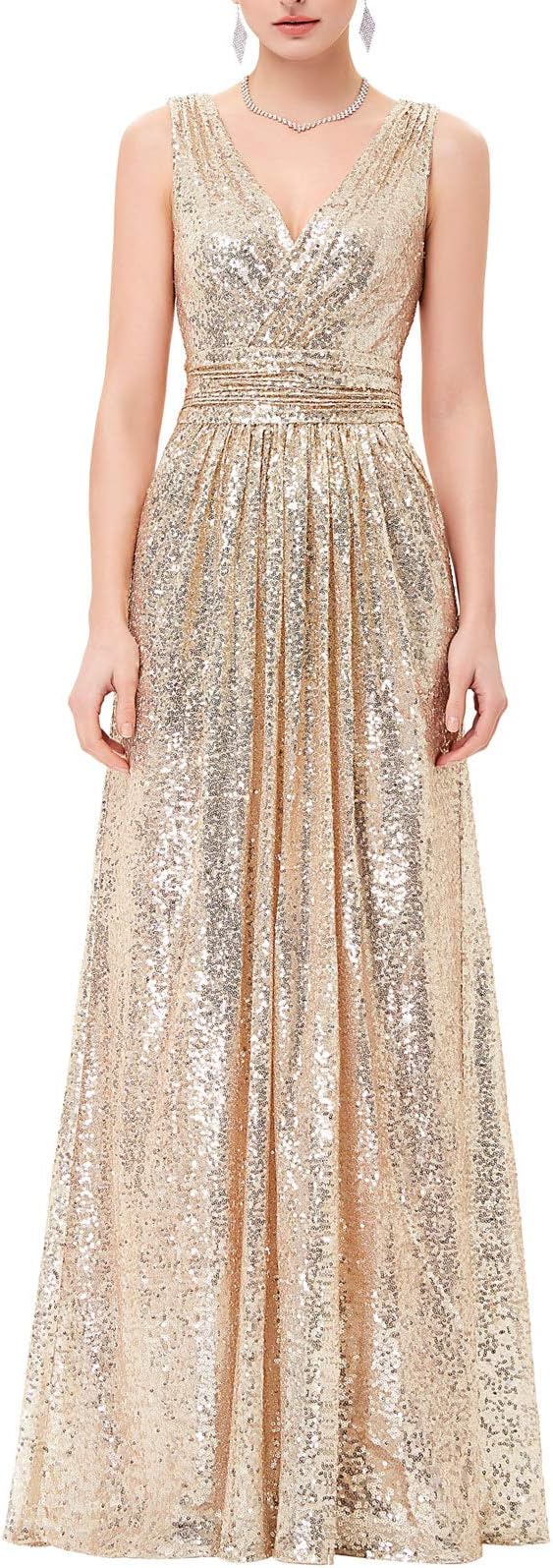 Kate Kasin Women High Waist Pleated Waist Dress Deep V Neck Long Prom Dress Light Gold US14 KK199