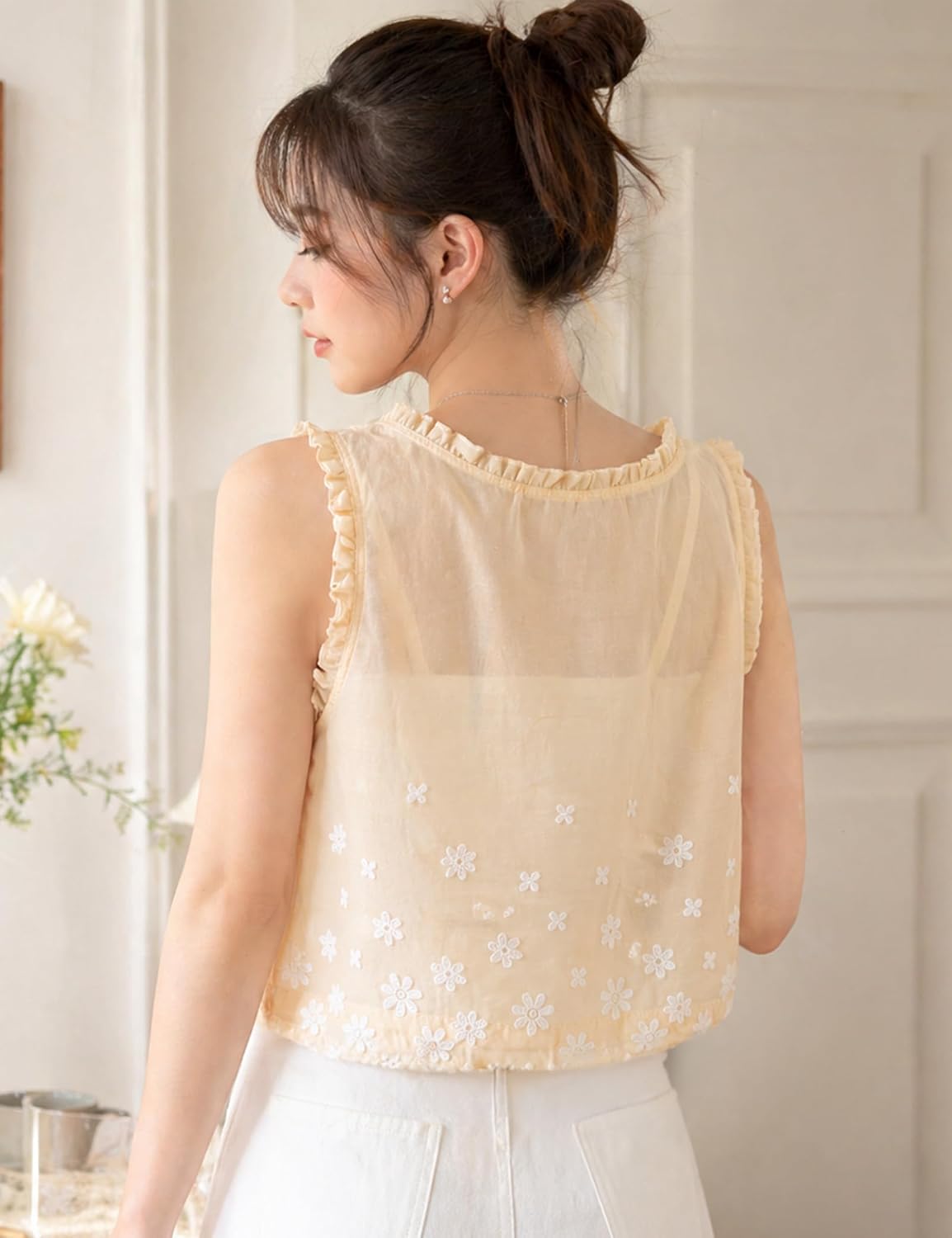 Womens Summer Boho Embroidered Tank Button Down Cami Tops Beach Vacation Flowy Vest Sleeveless Blouses Crop Tops