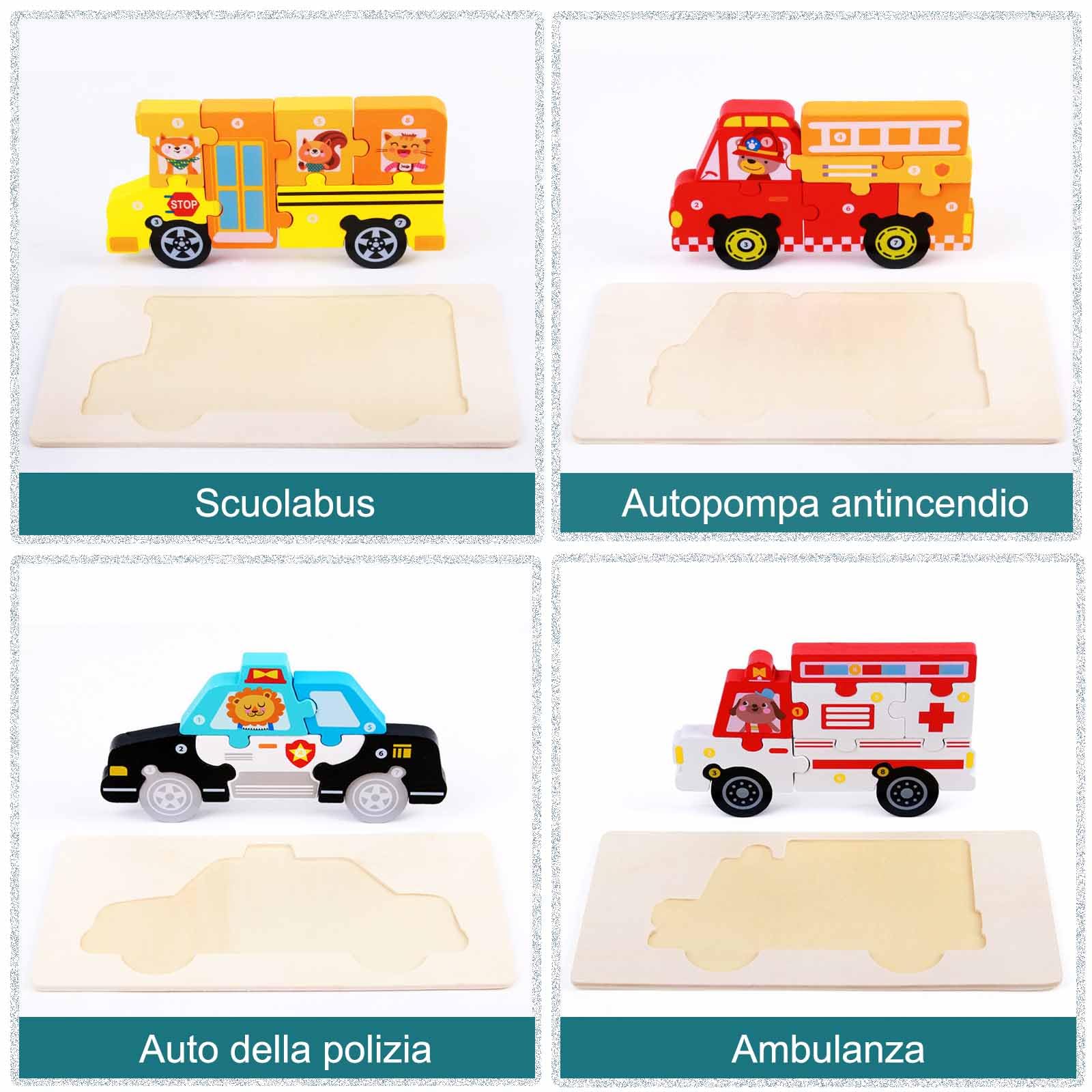 Puzzle in Legno per Bambini 2 3 4 5 Anni, Giocattolo Montessori Educativo, 4 PCS, Auto della Polizia e Auto dei Pompieri, Regalo per Ragazzi