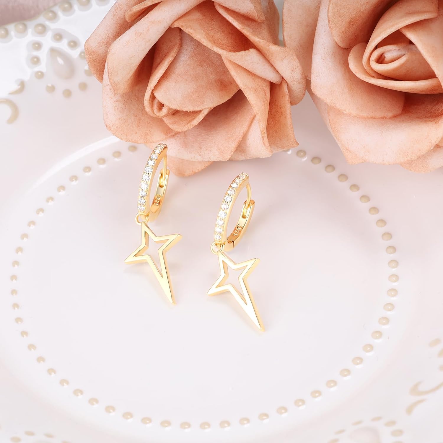 Sterling Silver Star Hoop Dangling Earrings - Hypoallergenic Sparkling Cubic Zirconia Star-Shaped Dangle Earrings for Mom Wife - Image 2