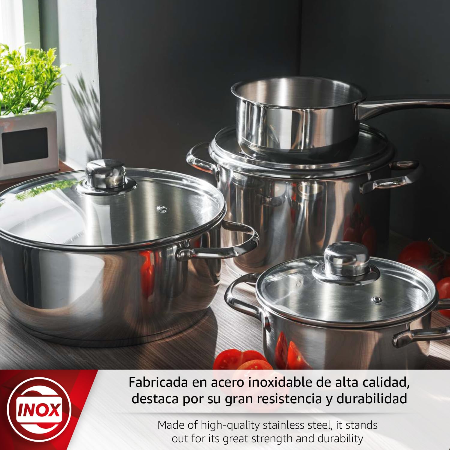 Magefesa - Dux batería de cocina, 7 piezas, fabricada en acero inoxidable 18/10, compatible con todo tipo de fuego, inducción, fácil limpieza y apta lavavajillas