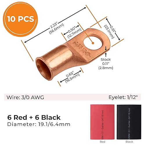 Miniatura 70 de SELTERM - 2 terminales de anillo resistentes para cable de batería, calibre 4 AWG, pernos de 3/8 pulgadas, terminales de calibre 4, ojales de cobre