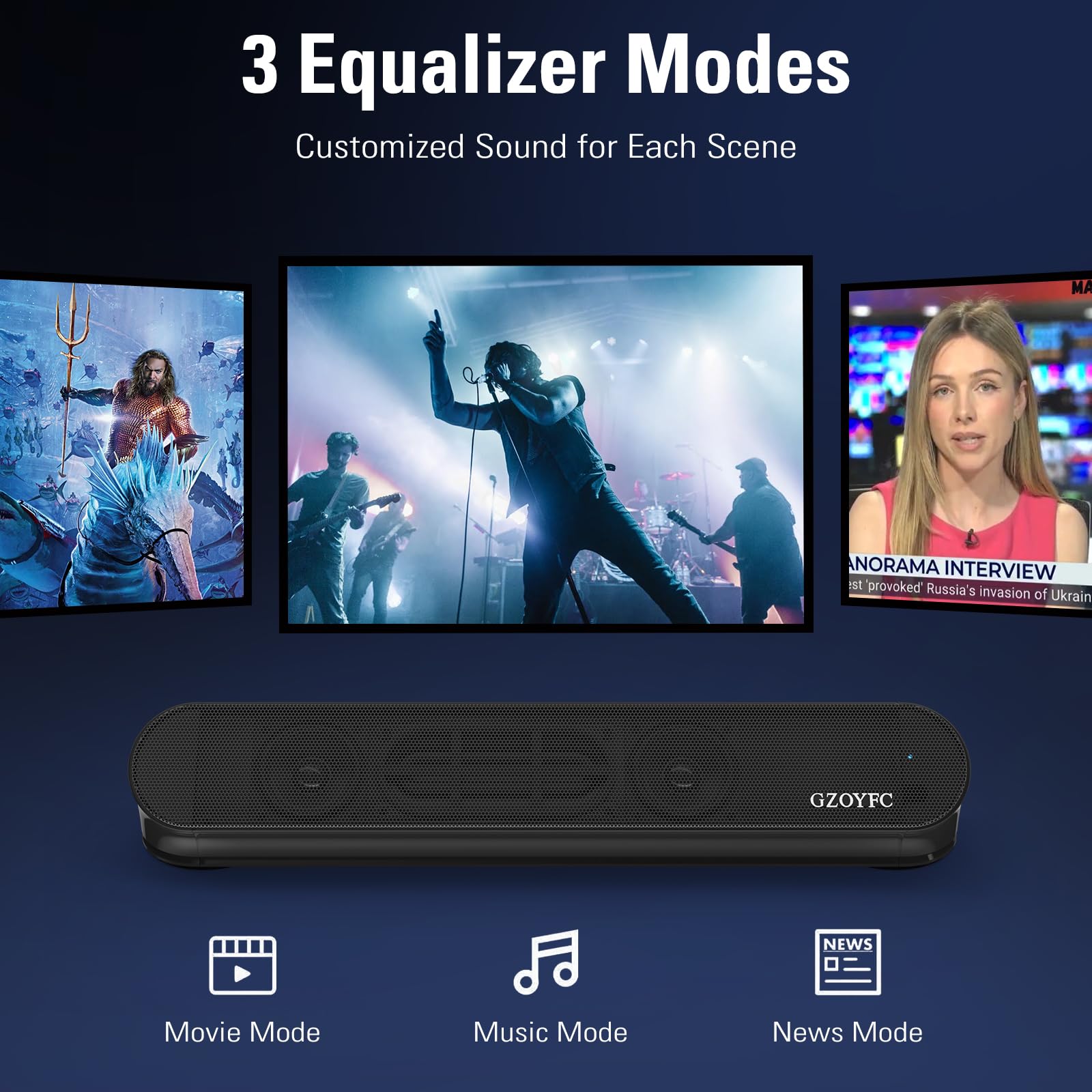 Sound Bar do Smart TV, soundbar z połączeniem Bluetooth/ARC/Opt/AUX, automatyczne zwiększanie głośności, 3 tryby korektora, odłączany soundbar 2 w 1 do telewizora/PC/gier/projektorów