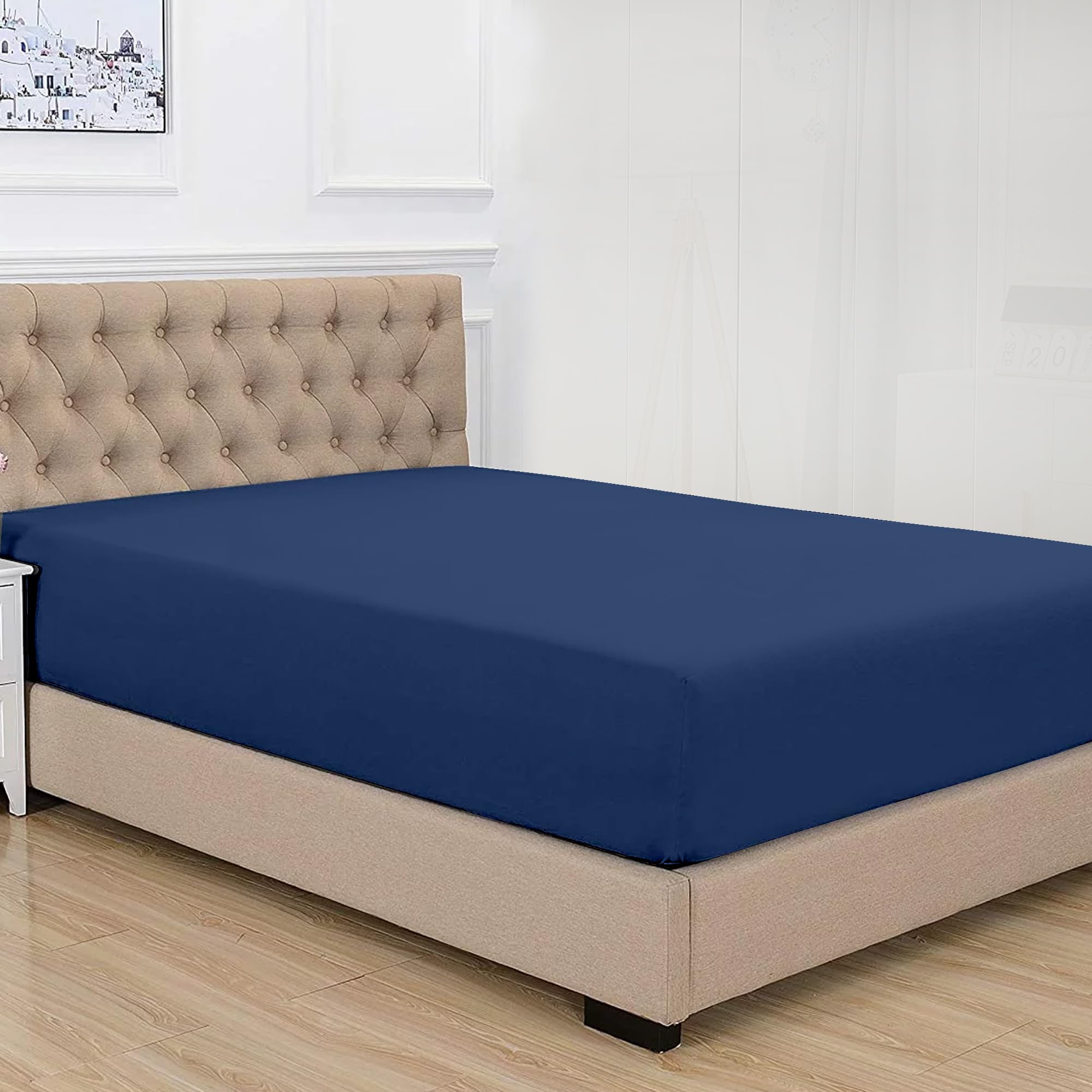 Purity Home 100% Organic Cotton Super King Size Deep Fitted Sheet 180x200cm – Navy, Percale Weave, Cooling & Breathable Cotton Bedding, Superking 38cm Deep Pocket Sheets Fitted with All-Round Elastic