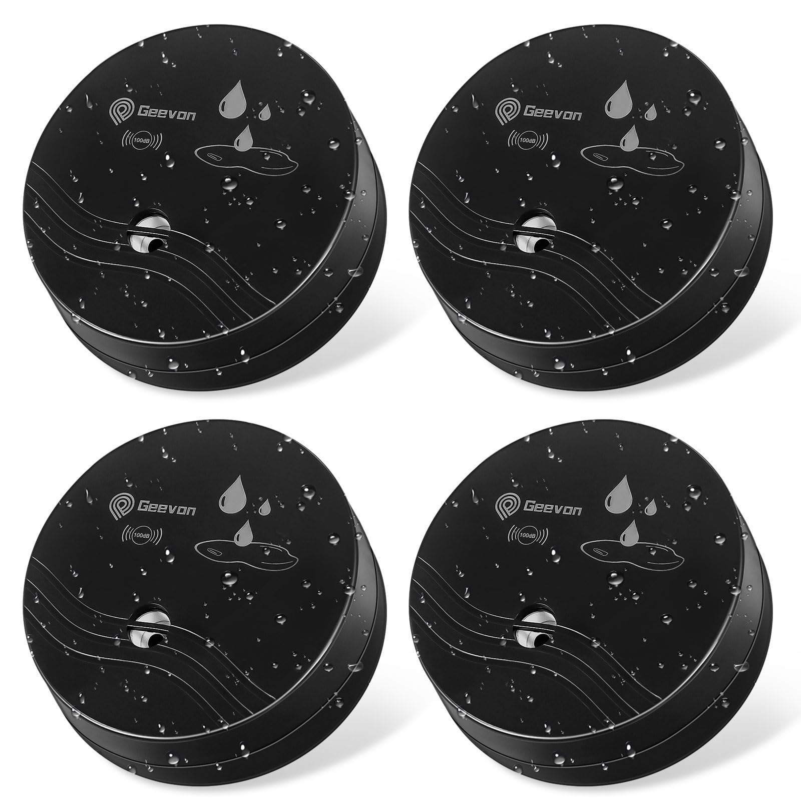Geevon Detector de agua, alarma de agua de 100 dB, alarma con sensor de agua | 2 paquetes de color negro con batería para sótano, baño, lavandería, cocina, garajes y áticos