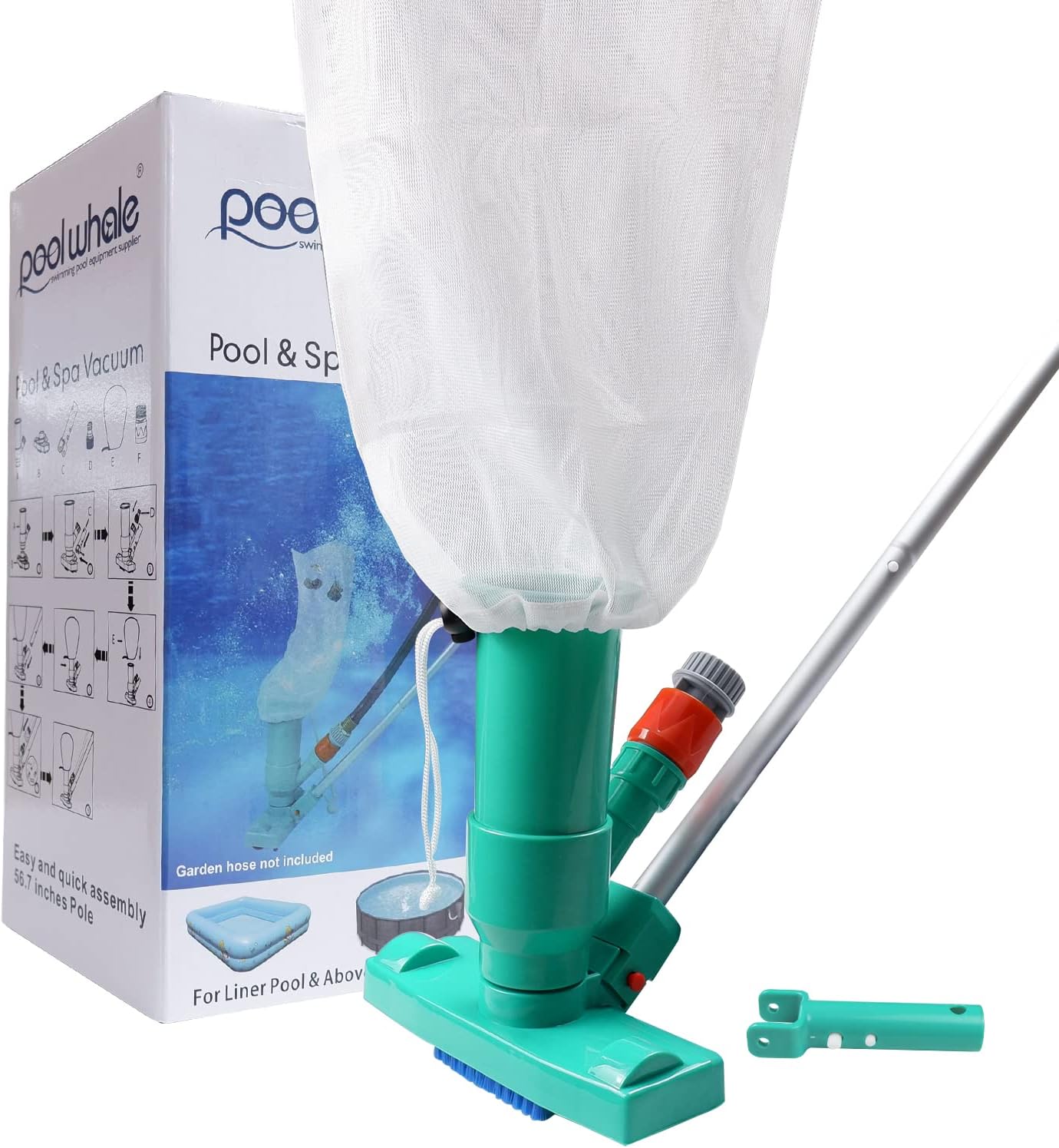 POOLWHALE Upgrades Pool Spa Pond Mini Jet Vac Vacuum Cleaner w/Brush, Bag,6 Sections Telescopic Pole of 56.5" and Handle