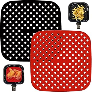 AGRYMER 2 Pcs Air Fryer Mat 8,5 Pouces Carré Réutilisable en Silicone Friteuse Doublure Air Fryer Accessoires (Noir et Rouge)
