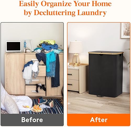 Miniatura 7 de Lifewit Cesta doble para la ropa sucia de 150 litros con tapa, cesta doble grande para la ropa sucia, bolsas extraíbles, 2 secciones estéticas para