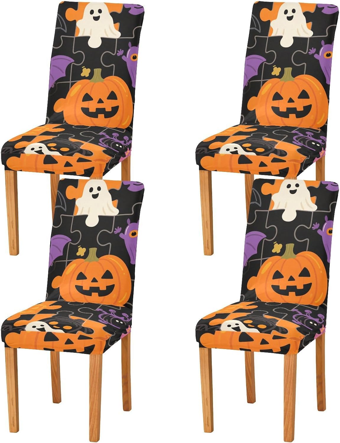 Desk Chair Covers Set of 4 fit Chair Covers for Party Pet Protection（4PCS Cute Black Halloween Jigsaw Puzzle）