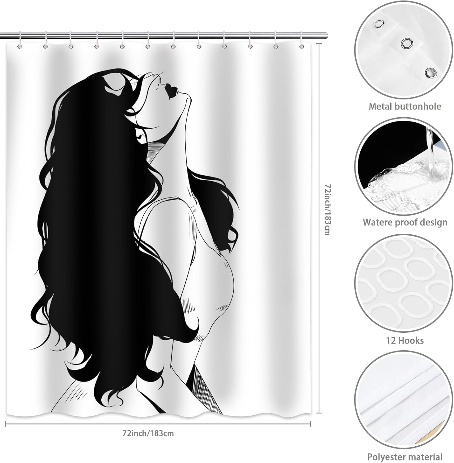 Beauty Woman Shower Curtain for Bathroom, Black and White Line Art Teen Girl Shower Curtain Set Waterproof Bathtub Curtain Decor with 12 Hooks, 72x72 inches