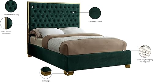 Miniatura 4 de Meridian Furniture Lana Collection Modern  Cama tapizada de terciopelo contemporáneo con detalles profundos y patas doradas, matrimonial, verde