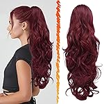 BARSDAR Red Ponytail Extension - 20 Inch Wavy Drawstring Ponytail Hair Extensions for Women - Curly Wavy Synthetic Clip in Fake Pony Tails Hairpieces Daily Party - Burgundy