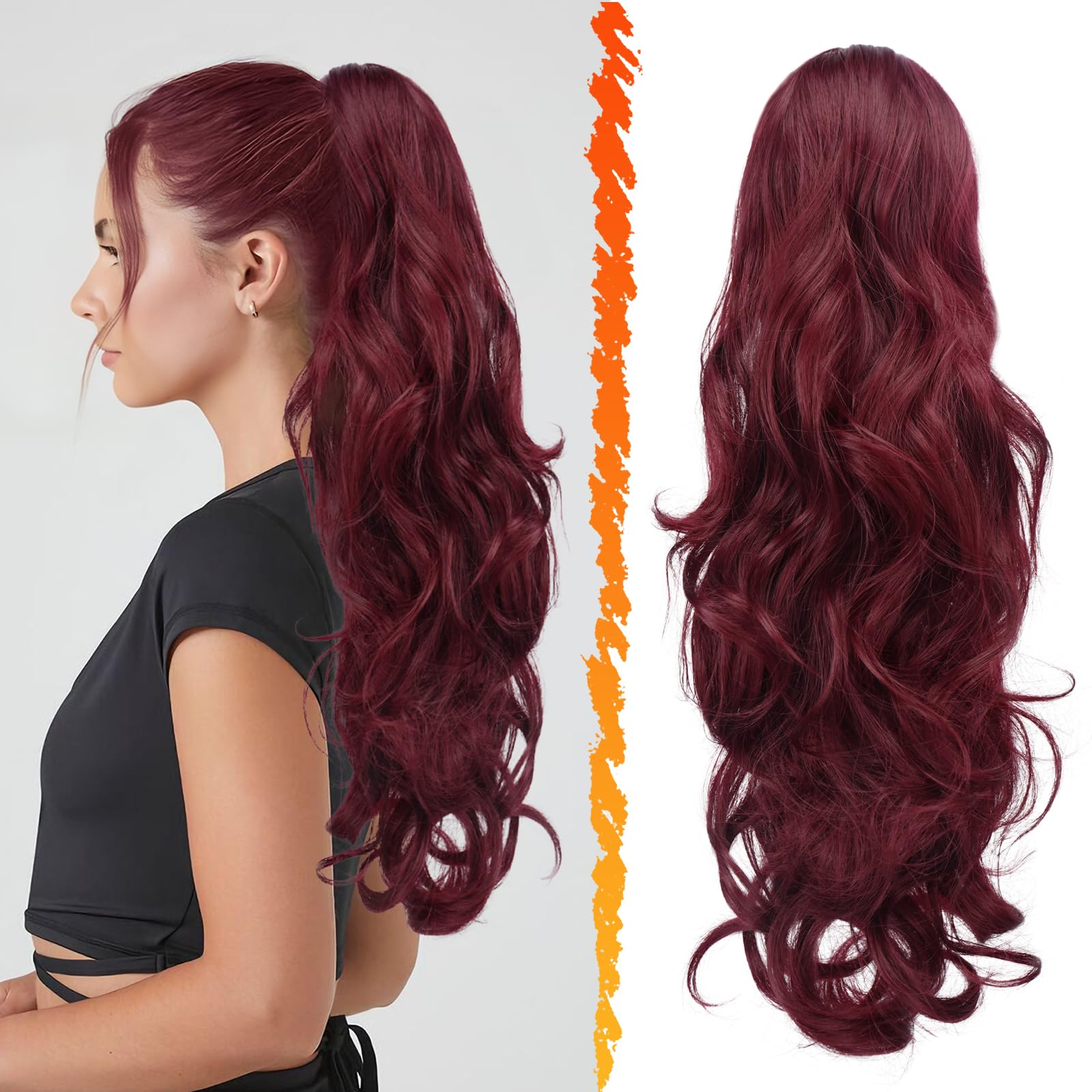 Red Hair Extensions Ponytail Wrap Clip Ponytail Extension Drawstring 24 Red | Synthetic Body  main image 4