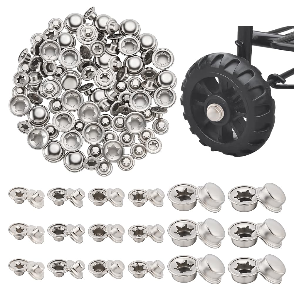 FINGERINSPIRE 90PCS Push Nut Axle Cap 6 Sizes Axle Cap Nut Platinum Color Flat Round Iron Supplies for Wheel Protection Hand Truck Dolly Skateboard Protection for Wheel Hub Garden Cart Equipment