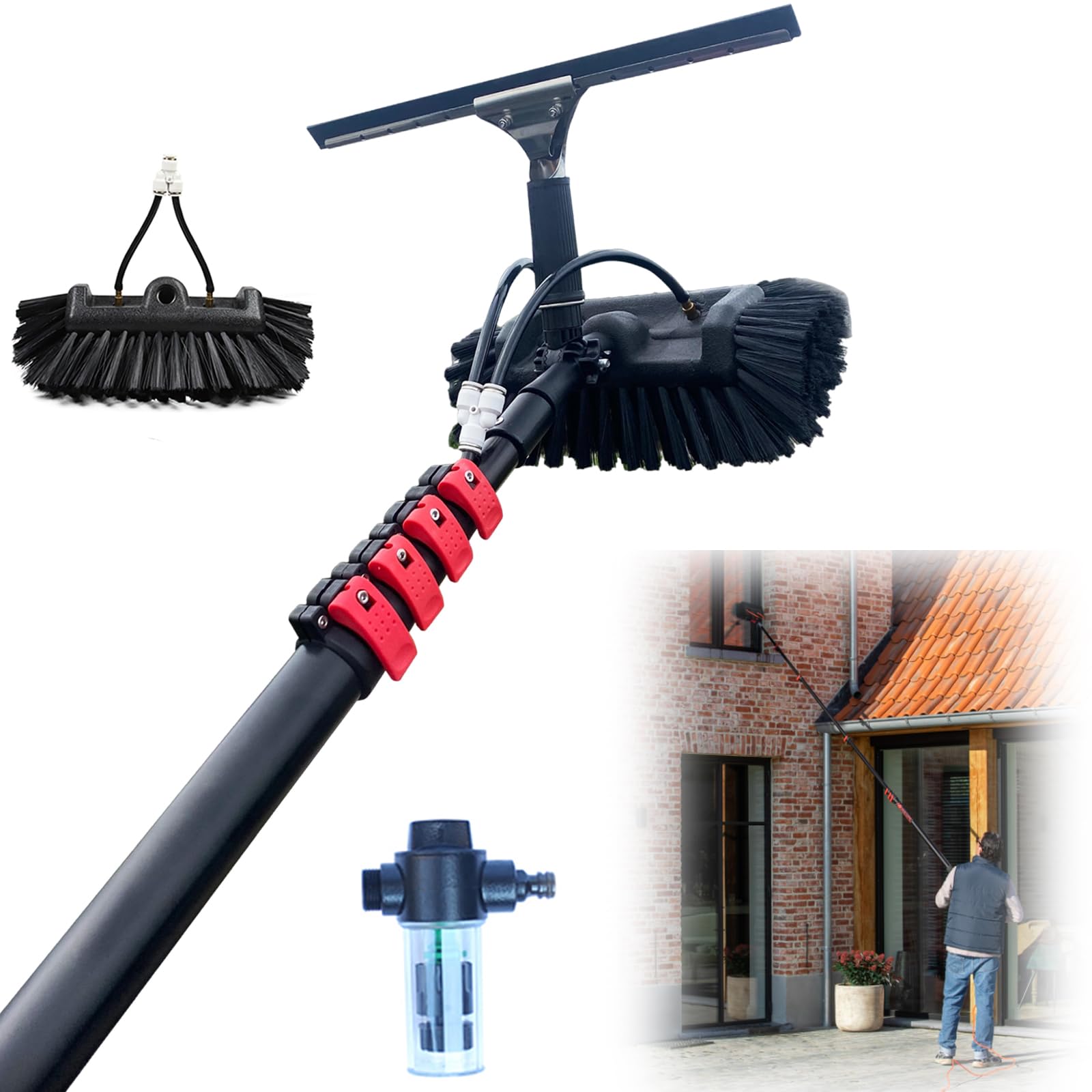 3.6-10.8 M Window Cleaning Pole Hose Fed Water fed Telescopic Extendable Solar Panel Conservatory Brush Equipment Kit Window Roof Cleaning Tools (3.6M)
