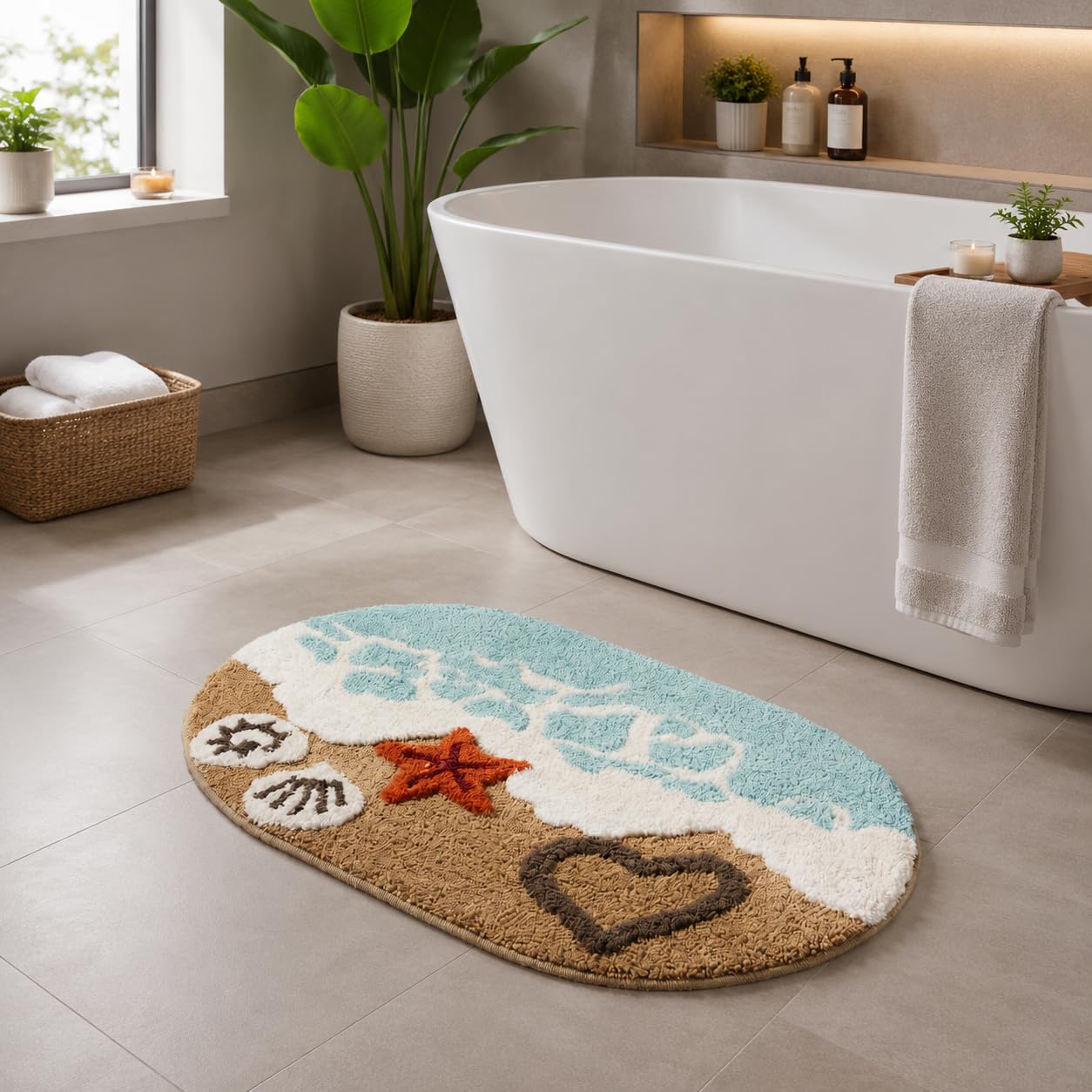 Beach Theme Microfiber Bath Mat for Bathroom, Anti-Skid Soft Absorbent Bath Rug Door Mat Sea Shell Starfish Ocean Design Washable Floor Carpet for Bathroom, Bedroom & Home Decor-image-7
