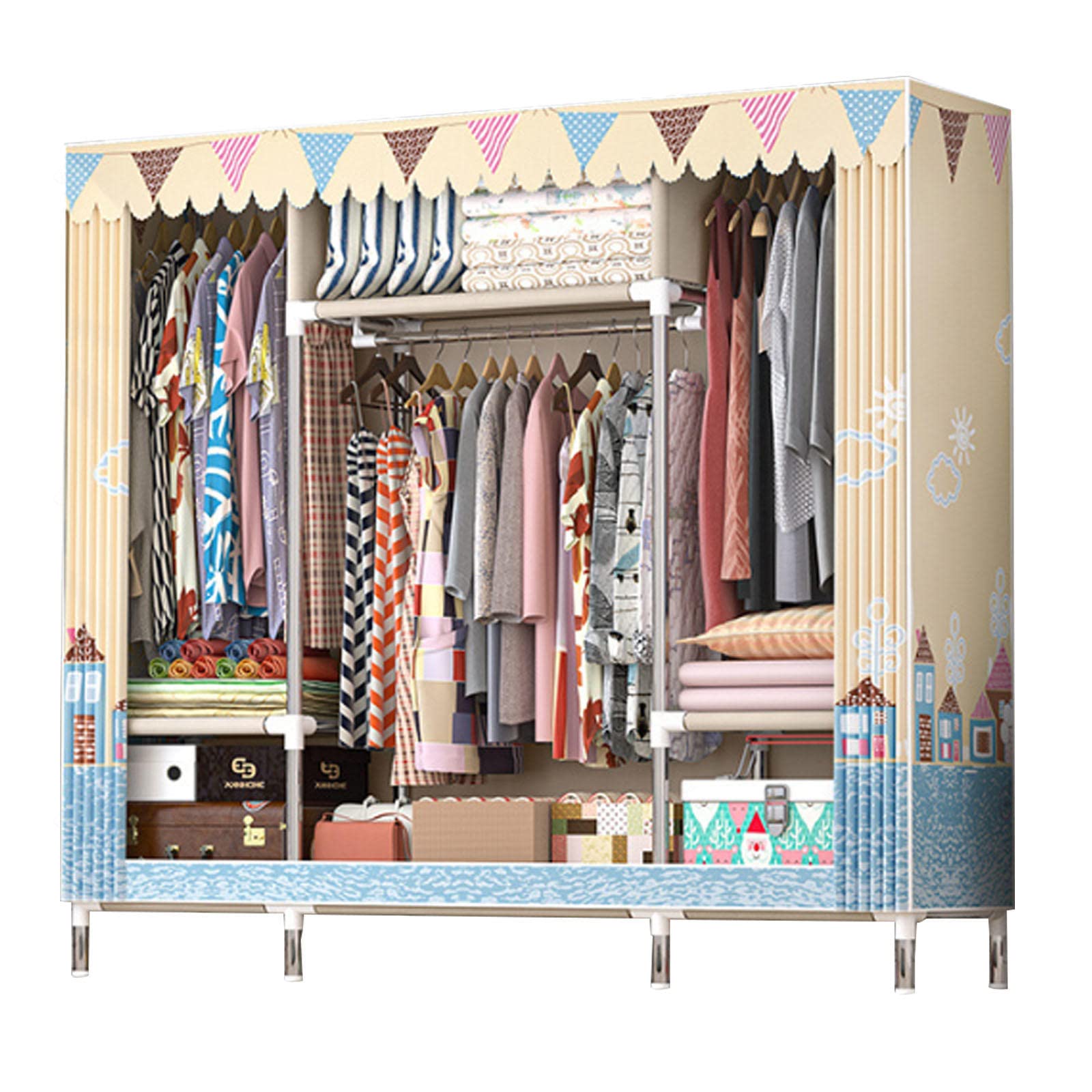 Armoire penderie portative avec 3 rails et 3 étagères de rangement