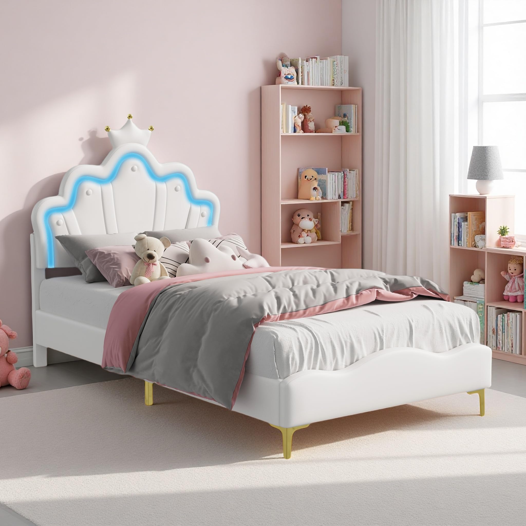 Lit Rembourré 90x200 cm avec LED pour Fille Adolescent, Lit Princesse avec Sommier à Lattes en Bois, lit Fille Enfant, Design Couronne, PU (Blanc)
