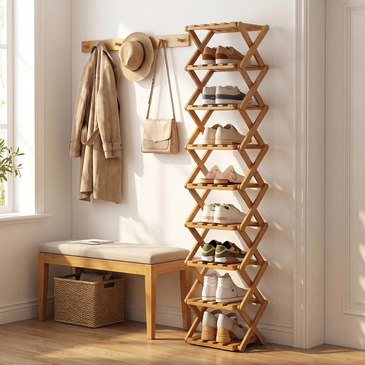 Foldable Bamboo Shoe Rack, 9-Tier No Assembly Shoe Organizer, Space-Saving Free Standing Shoe Storage Shelf for Entryway, Hallway, Closet, Holds 9-18 Pairs of Shoes, Natural Bamboo Finish (Nature)