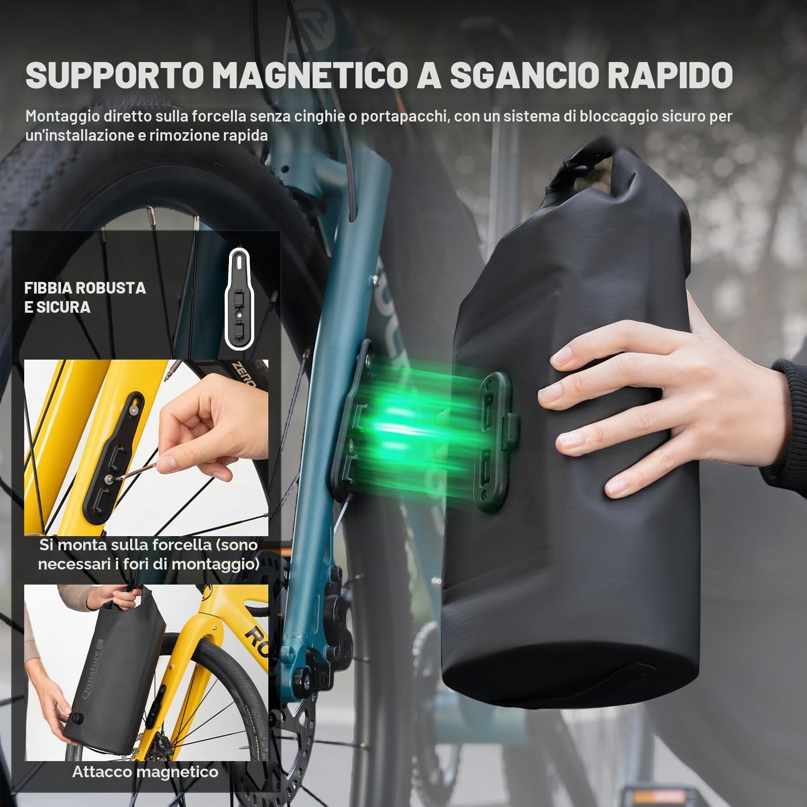 Borsa Impermeabile per Forcella Anteriore Bici 6L, Sacca Dry Bag con Base Magnetica e Valvola a Compressione, con Chiusura Roll-Top, per Bikepacking Spiaggia Ciclismo