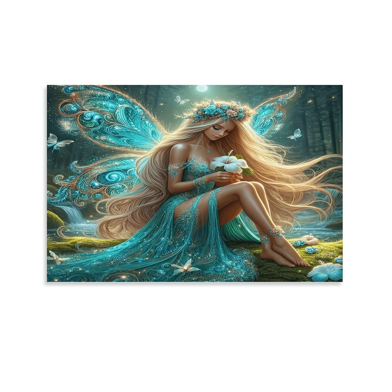 XPASHIQWC Flower Fairy Wall Decor Poster Moonlit Forest Giclee Canvas Prints Modern Wall Art Picture Wall Hanging for Bathroom Wall Decor 24x36inch(60x90cm)