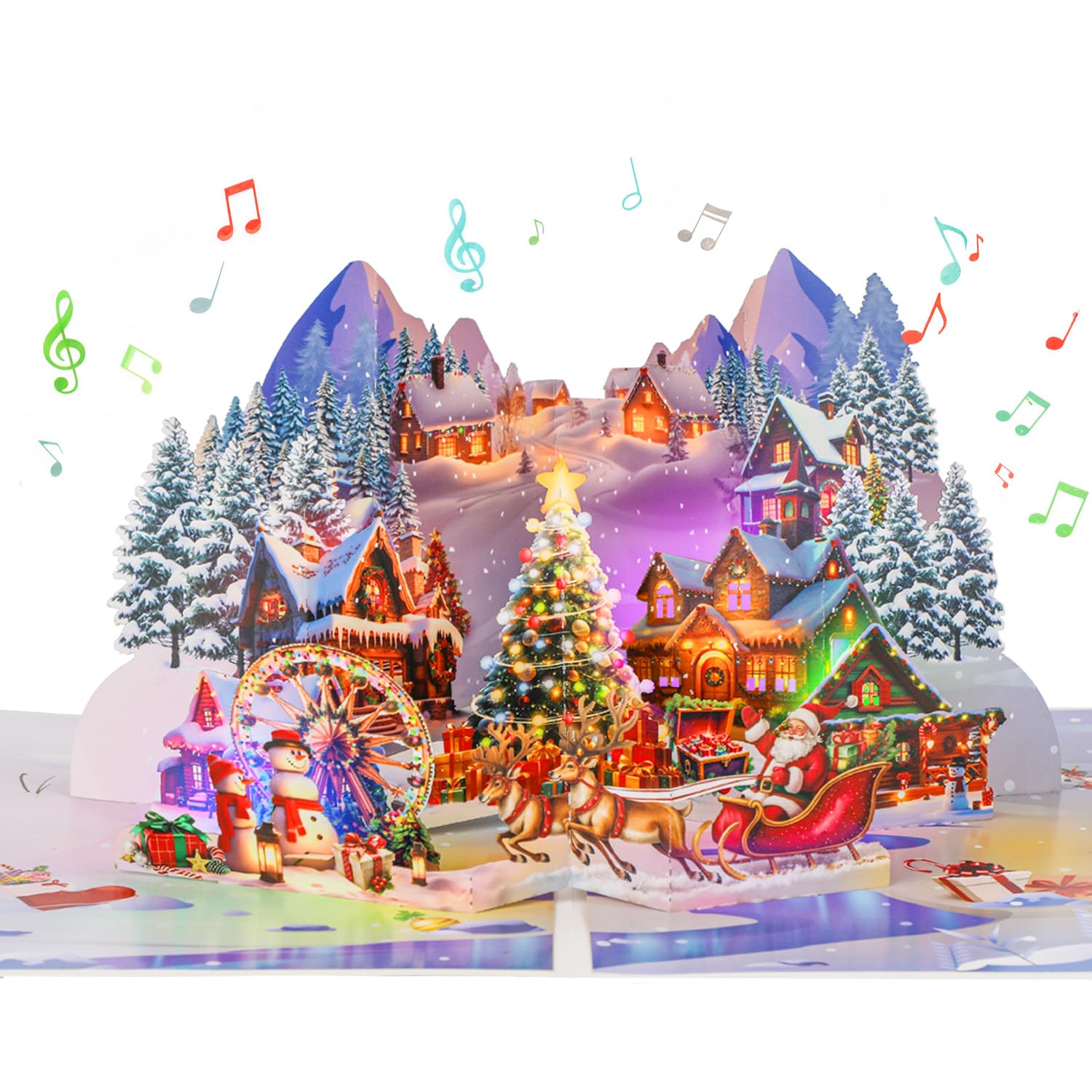Pop Up Christmas Cards, 3D Musical Christmas Cards with Lights, Forest Town Xmas Greeting Cards with Envelop