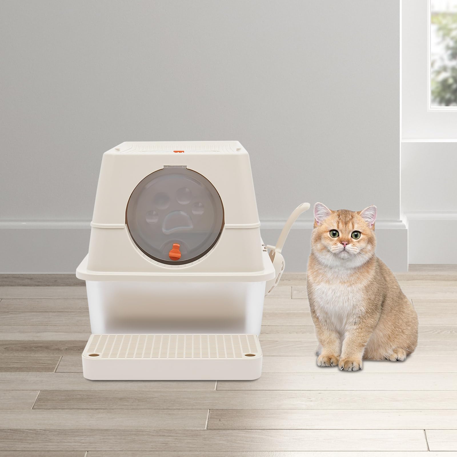 Lettiera chiusa per gatti inodore con filtro ai carboni attivi PP e ABS, cachi, 60 x 40 x 39 cm, antiscivolo per gatti con pala cachi, per gatti fino a 10 kg