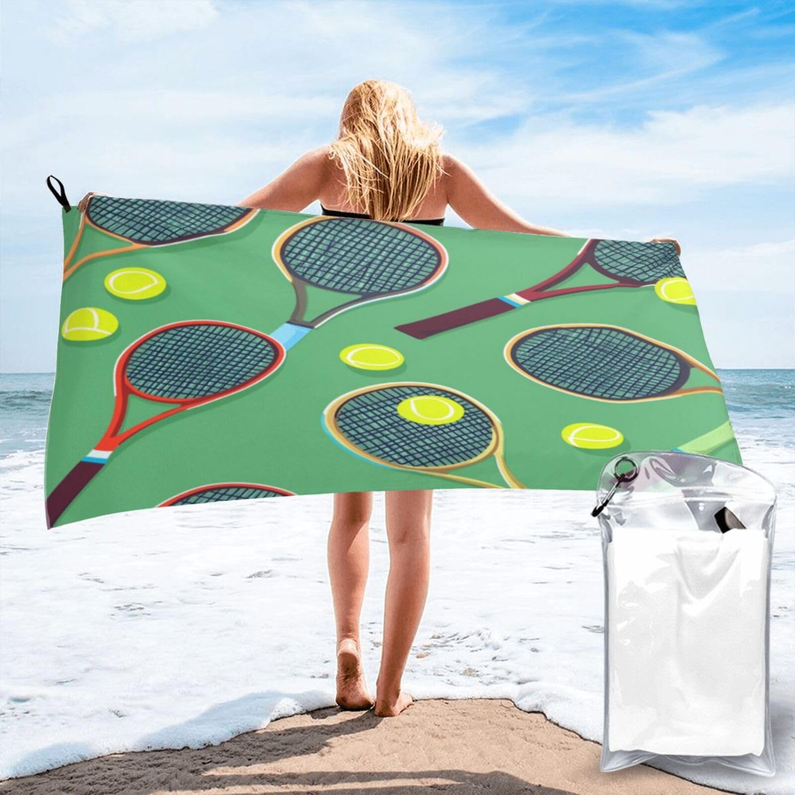Anceky Pattern of Tennis Rackets Balls Quick Dry Microfiber Travel Towel with Carry Case and Carabiner 27.5"X55"