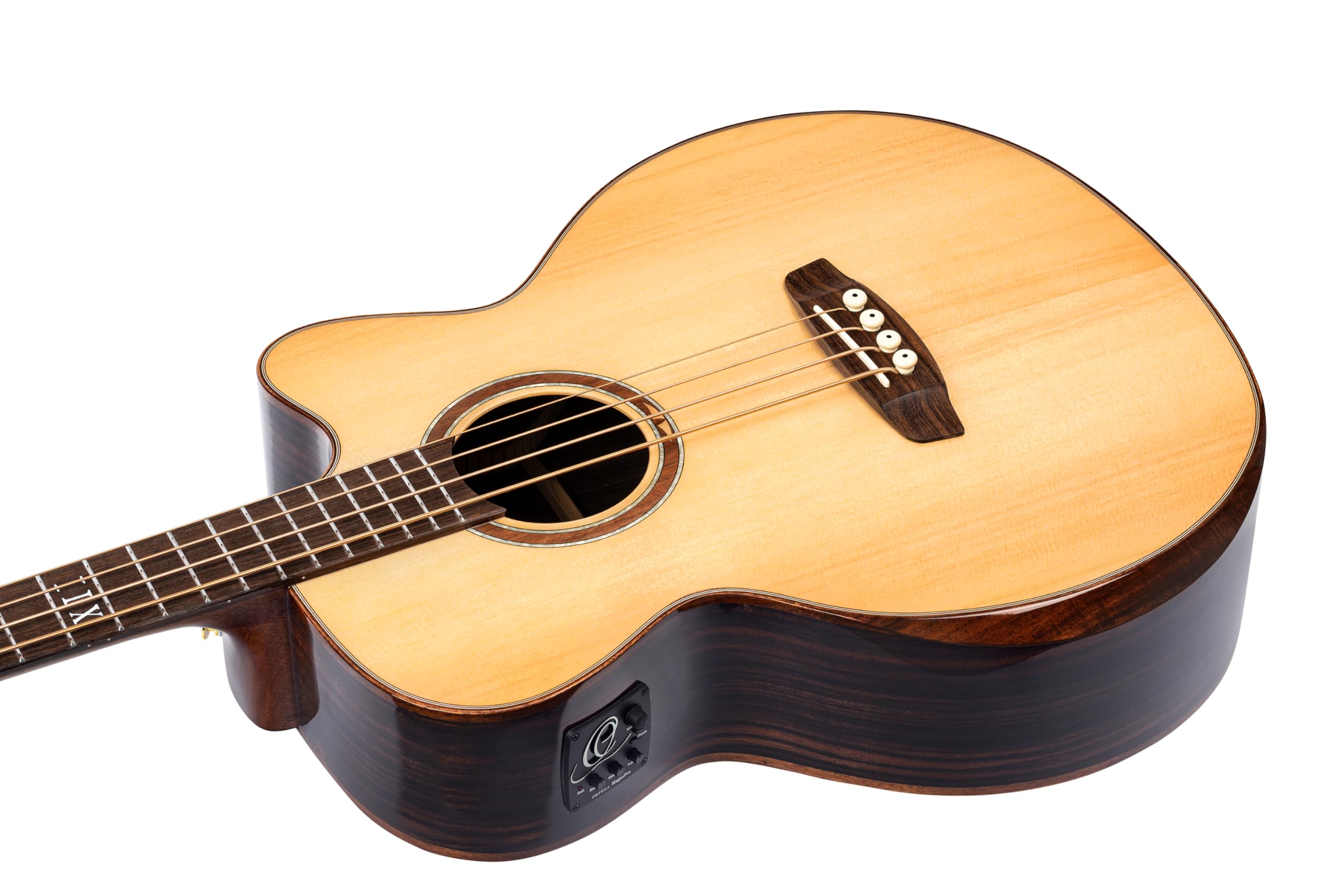 Ortega Guitars Bass Elektro-Akustisch 4-Saitig – Medium Scale, mit Cutaway, Armrest – The Private Room Series – Massive Alaska Fichte / Gestreiftes Ebenholz, Hochglanz Natur (STRIPEDSU.ACB)