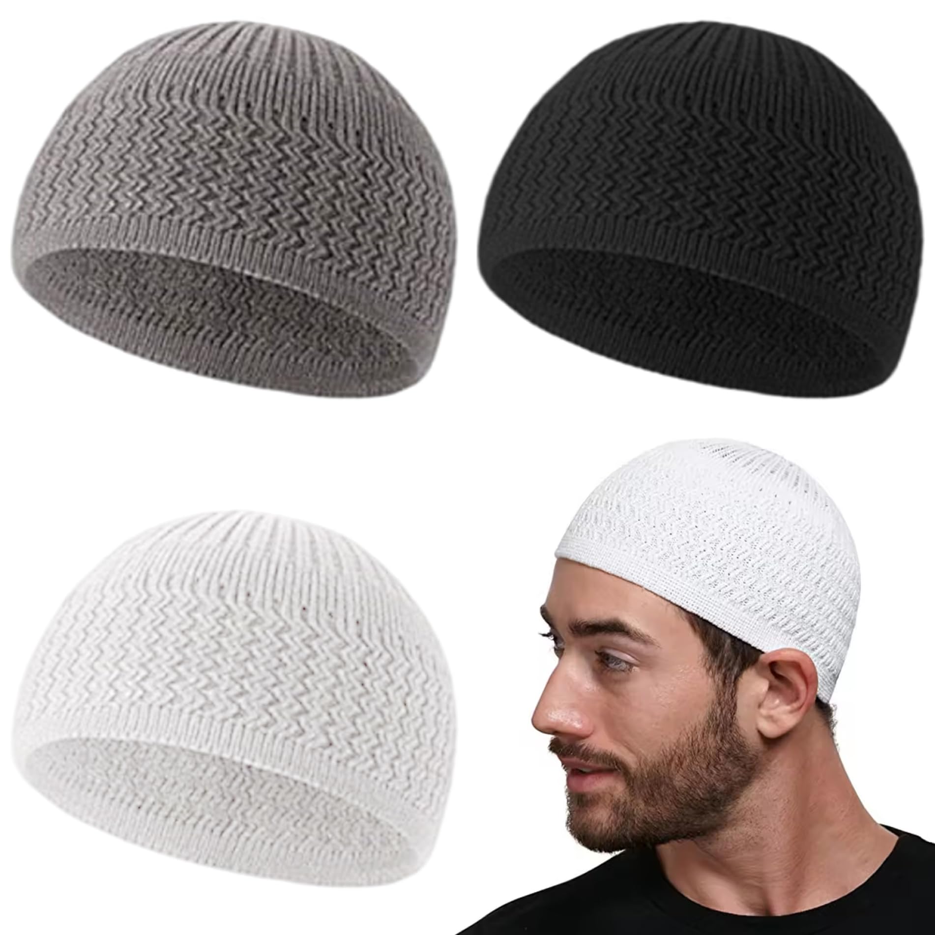Azidweryq Unisex Black + White + Gray Muslim Hat, 3Pcs Embroidery Kufi Hats For Men, Comfortable Breathable Muslim Cap For Men Ramadan Eid Kufi Hat