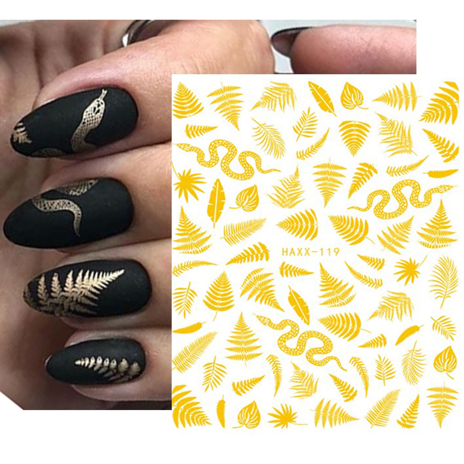 Nagelsticker-Set Haxx117 – Gold-Schwarz-Weiß Motive (Tropenblatt, Schmetterling, Feder), 8x10,3 Cm, Rückenkleber Für Nägel