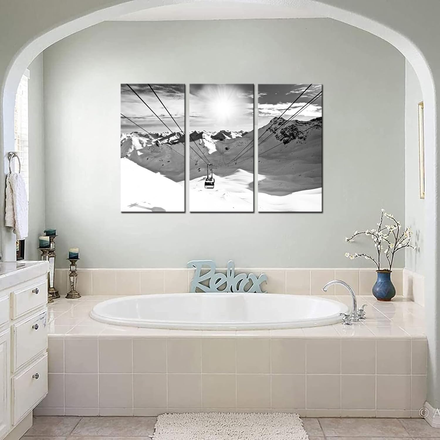 Biuteawal 3 Piece Winter Wall Art Black and White Ski Lift at Sunshine Pictures Canvas Print Snow Mountain Landscape Painting Artwork for Home Living Room Decor Framed Ready to Hang