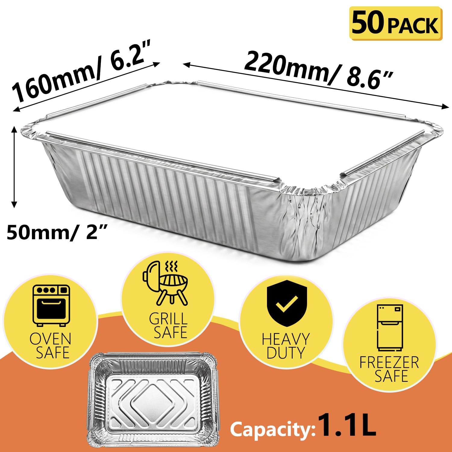 50x Vaschette Alluminio con Coperchio, Vaschette 1100 ml Resistenti - Contenitori Alimentari per Forno e Freezer - Teglie Rettangolari Ideali per Lasagne, Barbecue e Batch Cooking