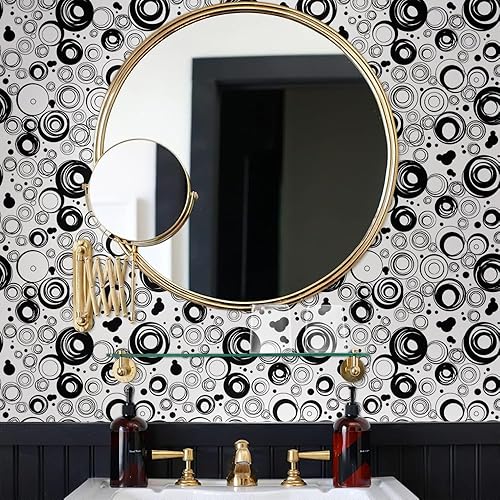 Miniatura 4 de VistaPalette - Papel tapiz moderno de 18 x 236 pulgadas, diseño de círculos en negro y blanco, fácil de despegar, vinilo vintage, autoadhesivo,