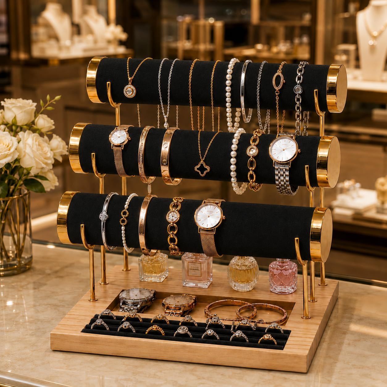 Three-Tier Bracelet Display Rack, Jewelry Display Rack. Multi-purpose Necklace Storage Rack, Watch, Bracelet, Ring and Other Jewelry Storage Rack with Tray.
