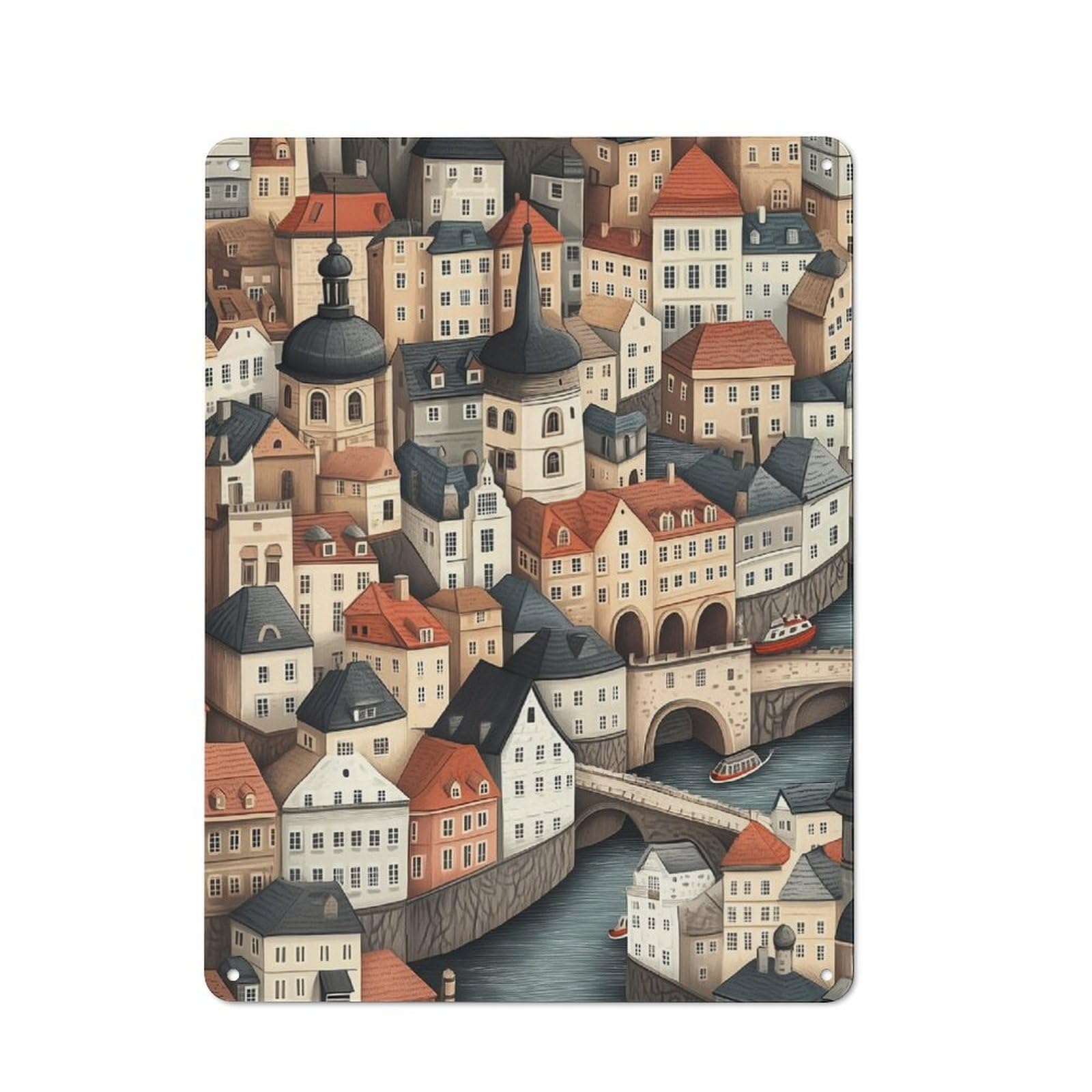 Junmoney European Cityscape Illustration Rustic Metal Plaque 40X30cm For Lounge Or Reading Corner, For Home Office, Studio And Craft Room Walls
