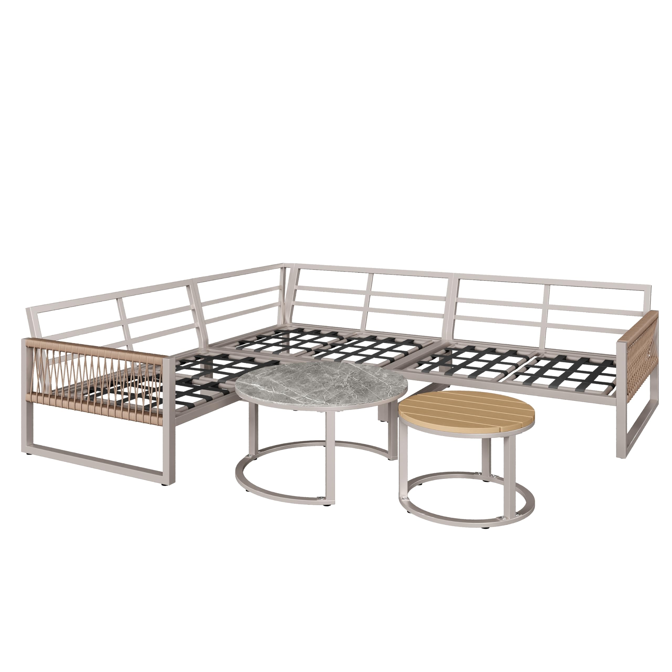 LAKFEW Conjunto Jardin Exterior de 5 Piezas con 2 Mesas y Patas Ajustables, Muebles Jardin Exterior Modular para 6-7 Personas, Sofa Exterior Esquinero con Cojín Cómodo (Beige)