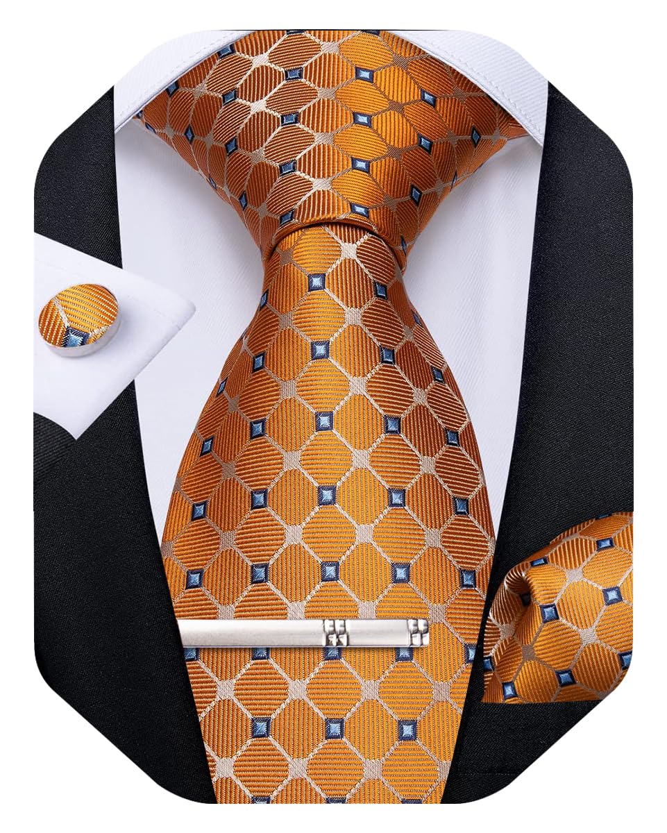 Plaid Ties for Men Silk Checkered Necktie and Pocket Square Cufflinks Tie Clip Set with Gift Box for Wedding Business