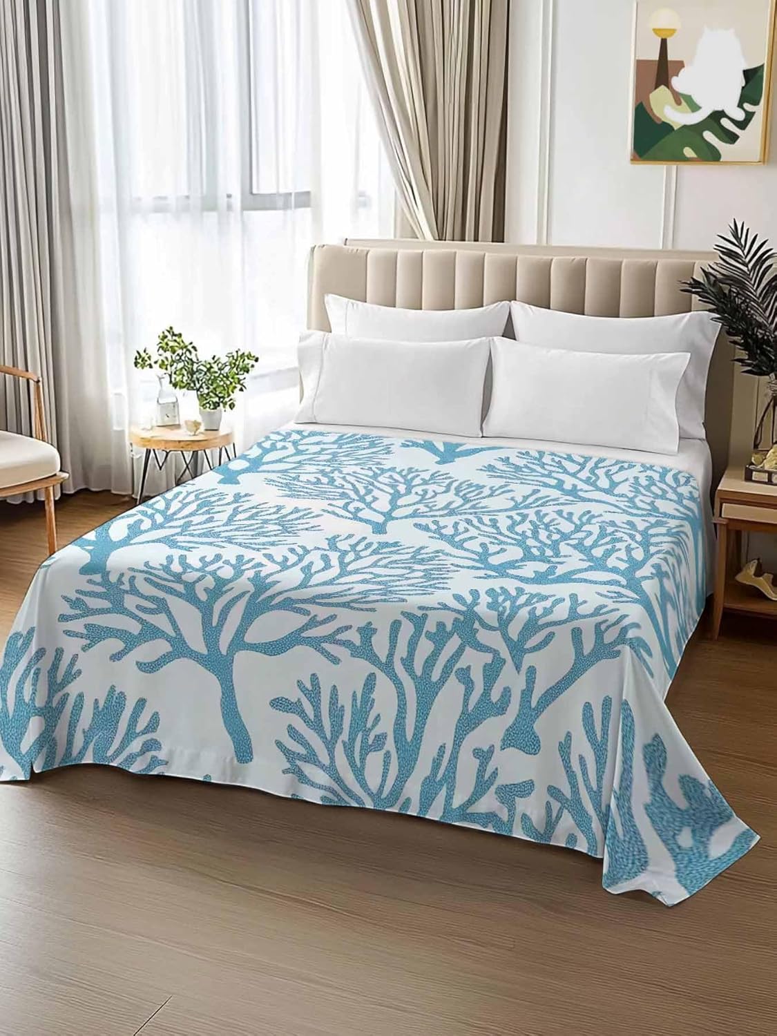 Top Sheet Full Bedding Flat Sheet Only, Summer Blue Coral Microfiber Bed Sheets Soft Breathable Bedding Flat Sheets, Abstract Marine Plants Hotel Luxury Top Sheets