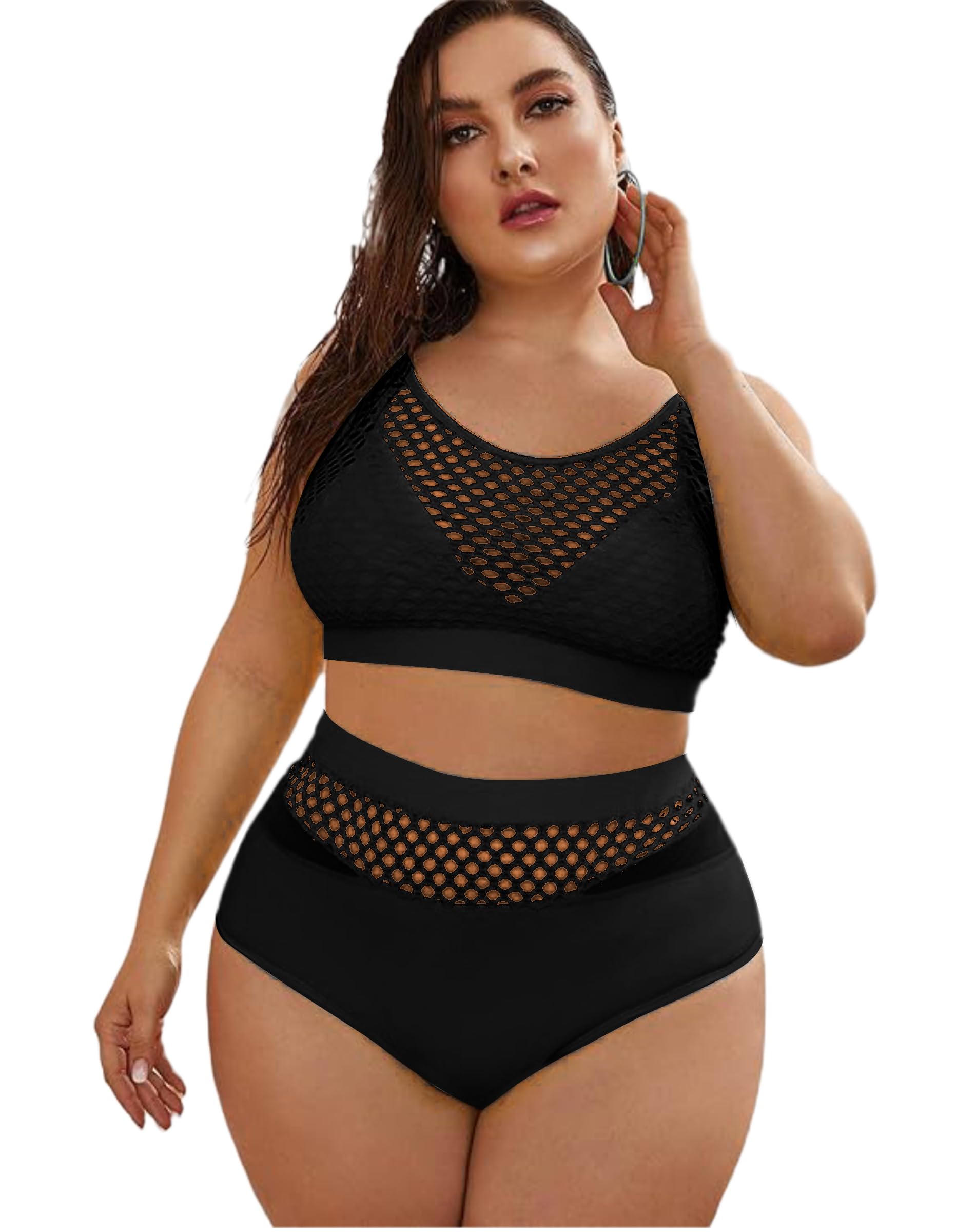 Floerns Costume da bagno da donna a rete a vita alta, taglie forti, set bikini da rave