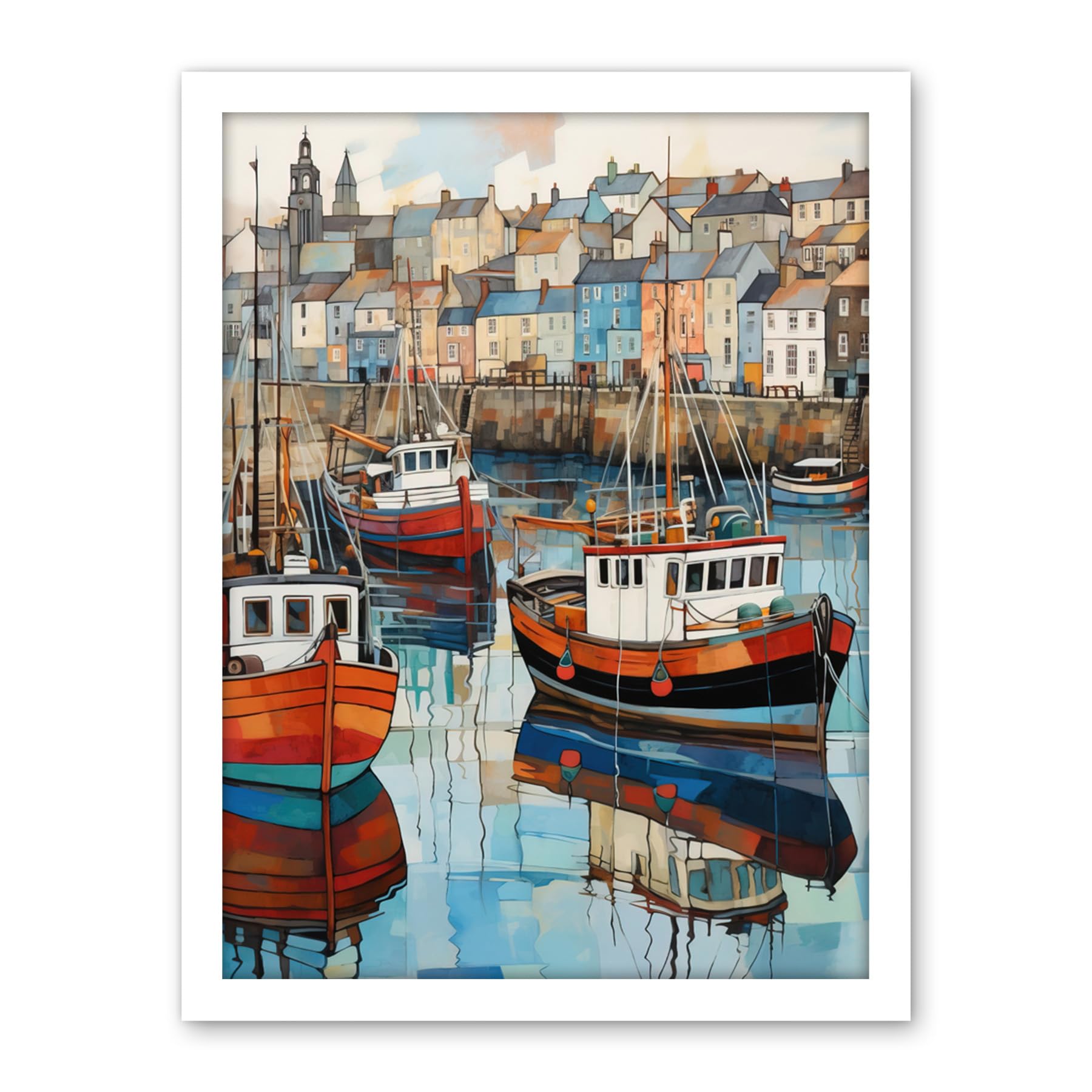Artery8 Newlyn Harbour Trawler Boats Promenade Watercolour Painting Cornwall Coastal Townscape Artwork Framed Wall Art Print 18X24 Inch