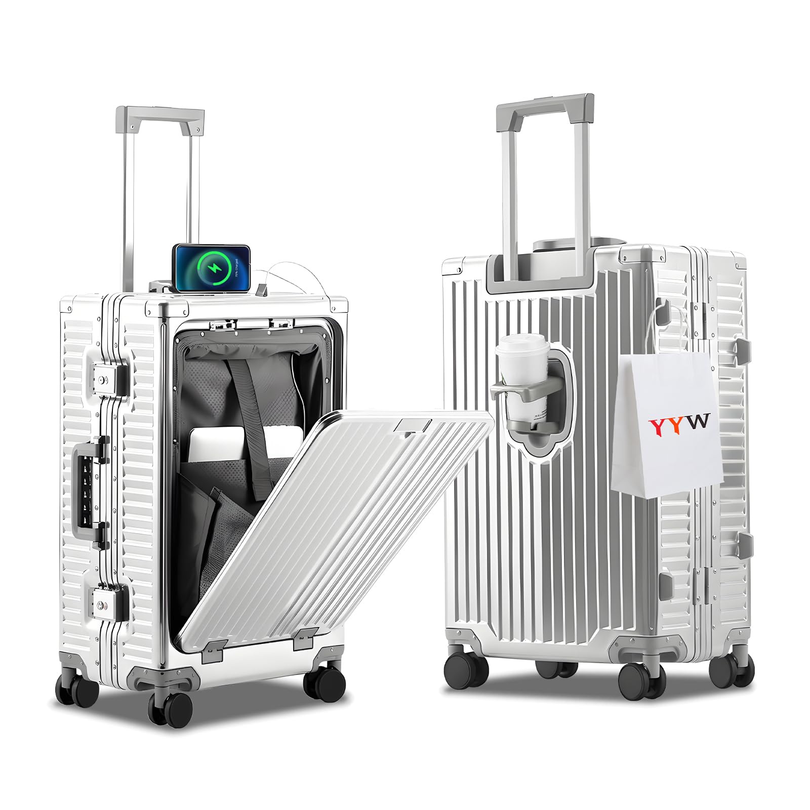 YYW Valigia in alluminio con ruote girevoli, leggera e rigida, con serratura TSA integrata, con portabicchieri, porta USB, supporto per telefono, Argento, 24inch/39x25x65cm, classico