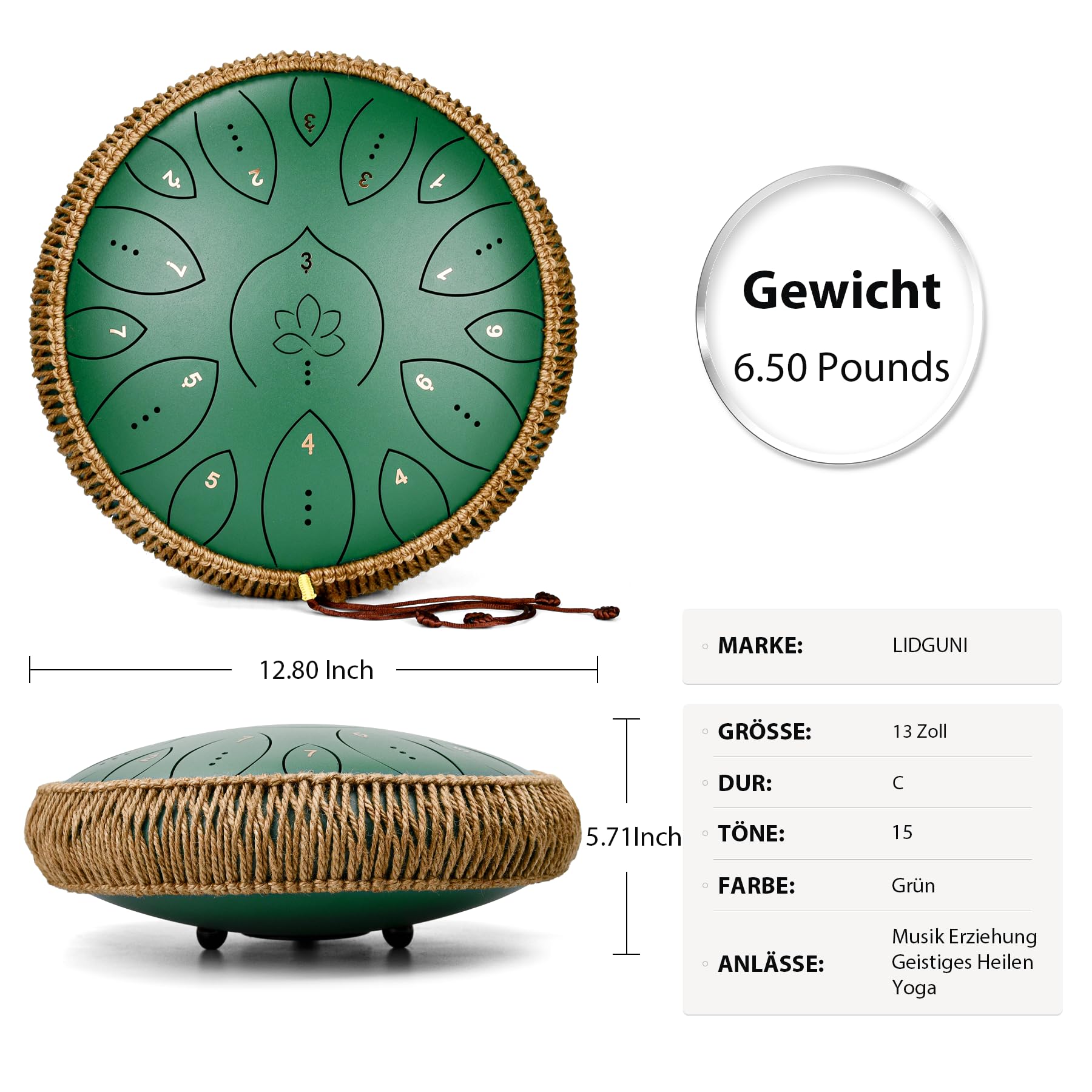 Zungentrommel 13 Zoll 15 Töne, Hand Pan Drums für Erwachsene 440hz, C-Dur Handpan Musikinstrument mit Liederbuch, Schlägeln und Tragetasche, Grün