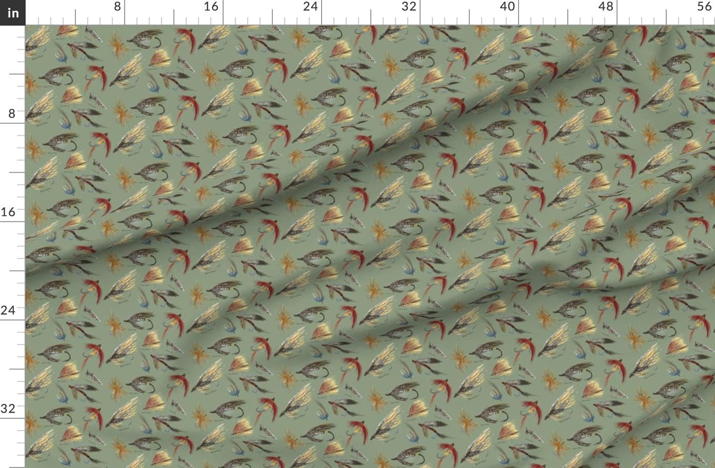 Spoonflower Fabric - Fly Fishing Lures Man Cave Outdoors Men Olive Green Neutral Vintage Printed on Organic Cotton Sateen Fabric by The Yard - Sewing Quilting Apparel Home Decor