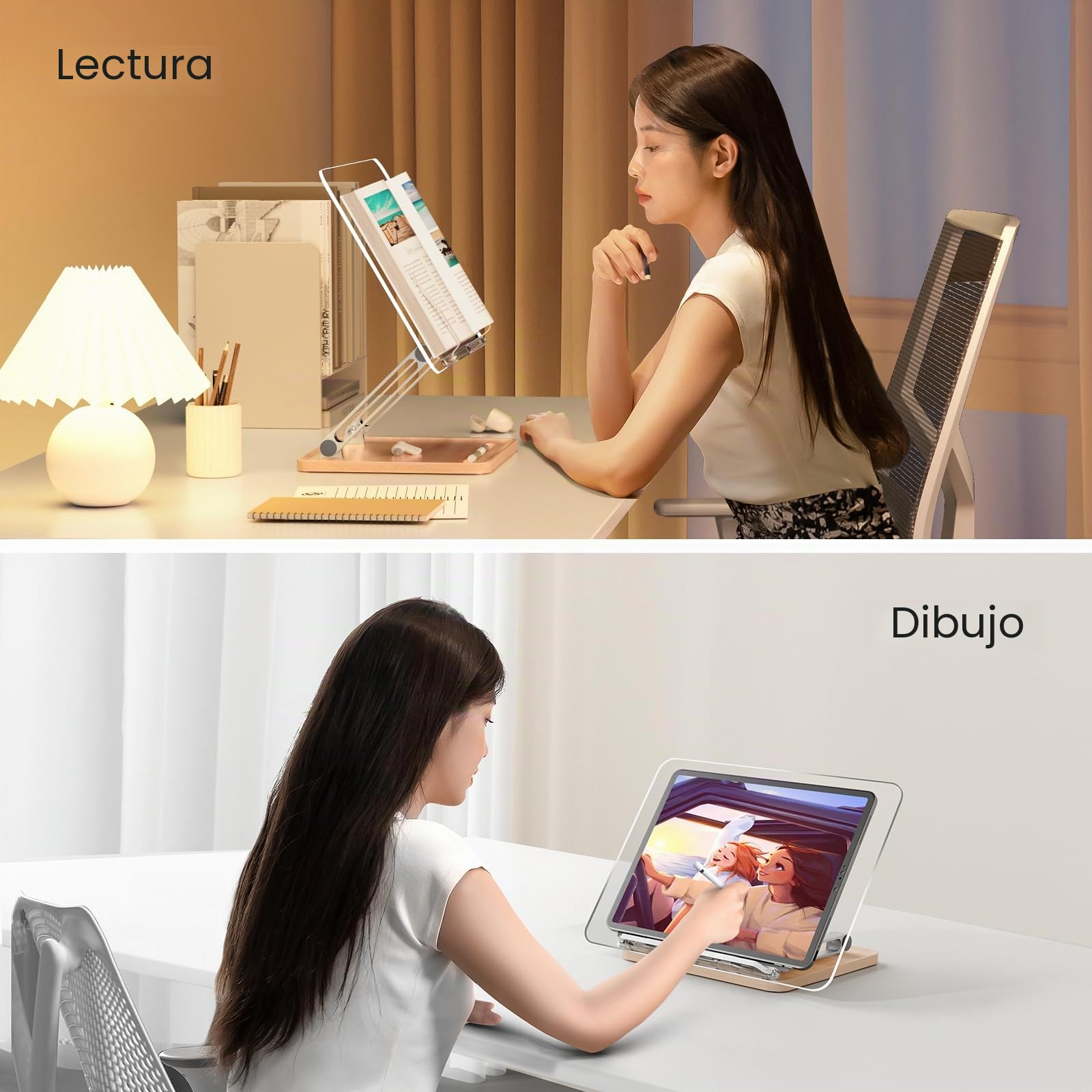 Soporte para Libros de Lectura, Atril Acrílico para Libros de Texto con Ranura para Bolígrafo, Ajustable y Plegable, Manos Libres, Compatible con Portátil y Tablet