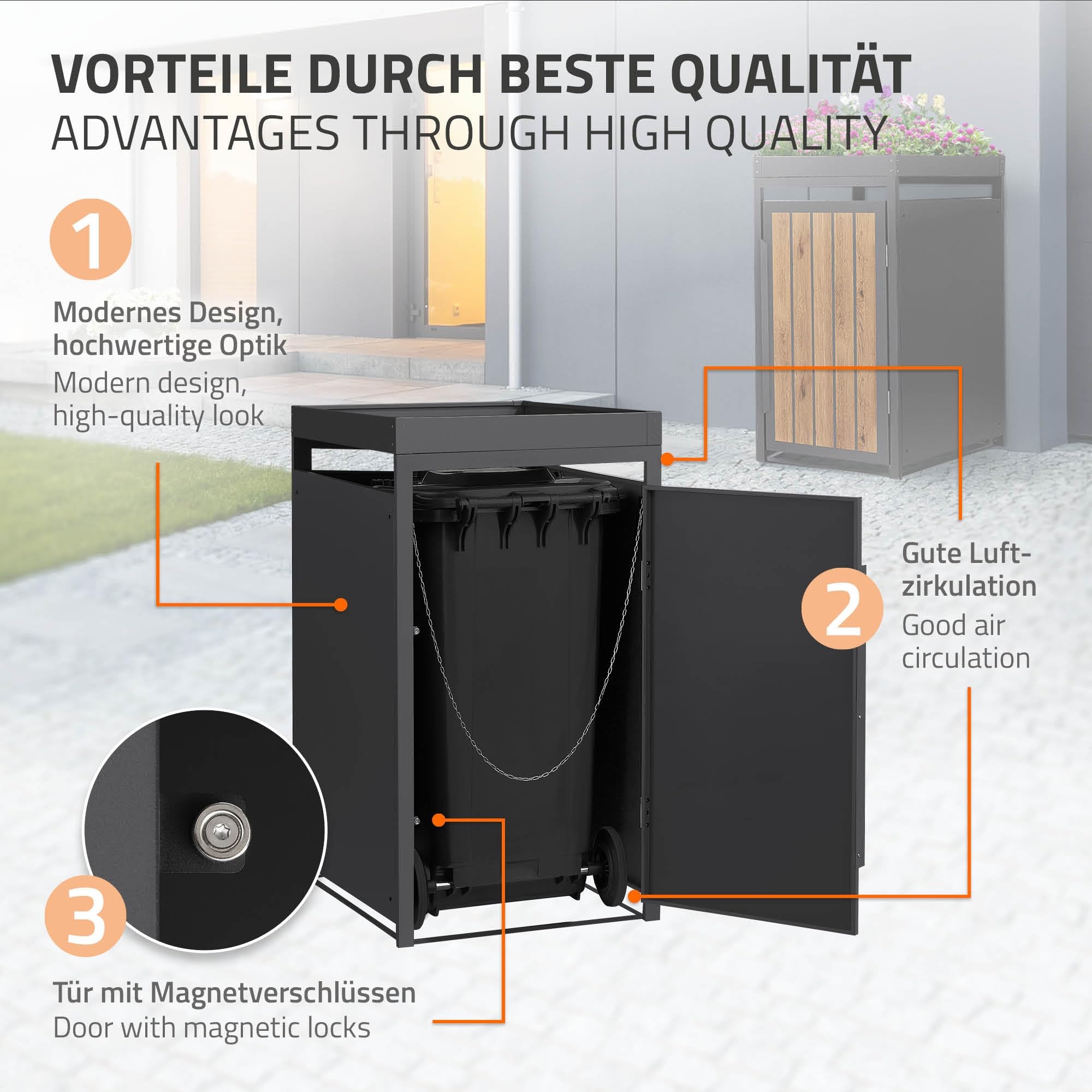 ML-Design Mülltonnenbox 1er 240L mit Pflanzdach, Mülltonnenverkleidung für 1 Mülltonne, Müllbox wetterfest, Mülltonnenhaus aus Stahl, Müllcontainer mit Tür, Gerätebox 68x80x124 cm Anthrazit-Holzoptik