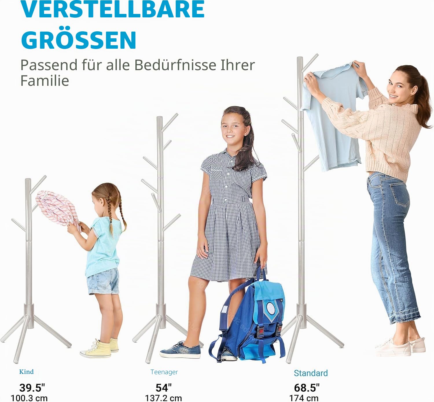 Garderobenständer, Kleiderständer aus Massivholz, mit 6 Haken und 3 verstellbaren Größen, Garderobe in Baumform, für Schlafzimmer, Flur, Eingang, Büro, für Hüte, Mäntel, (Weiß