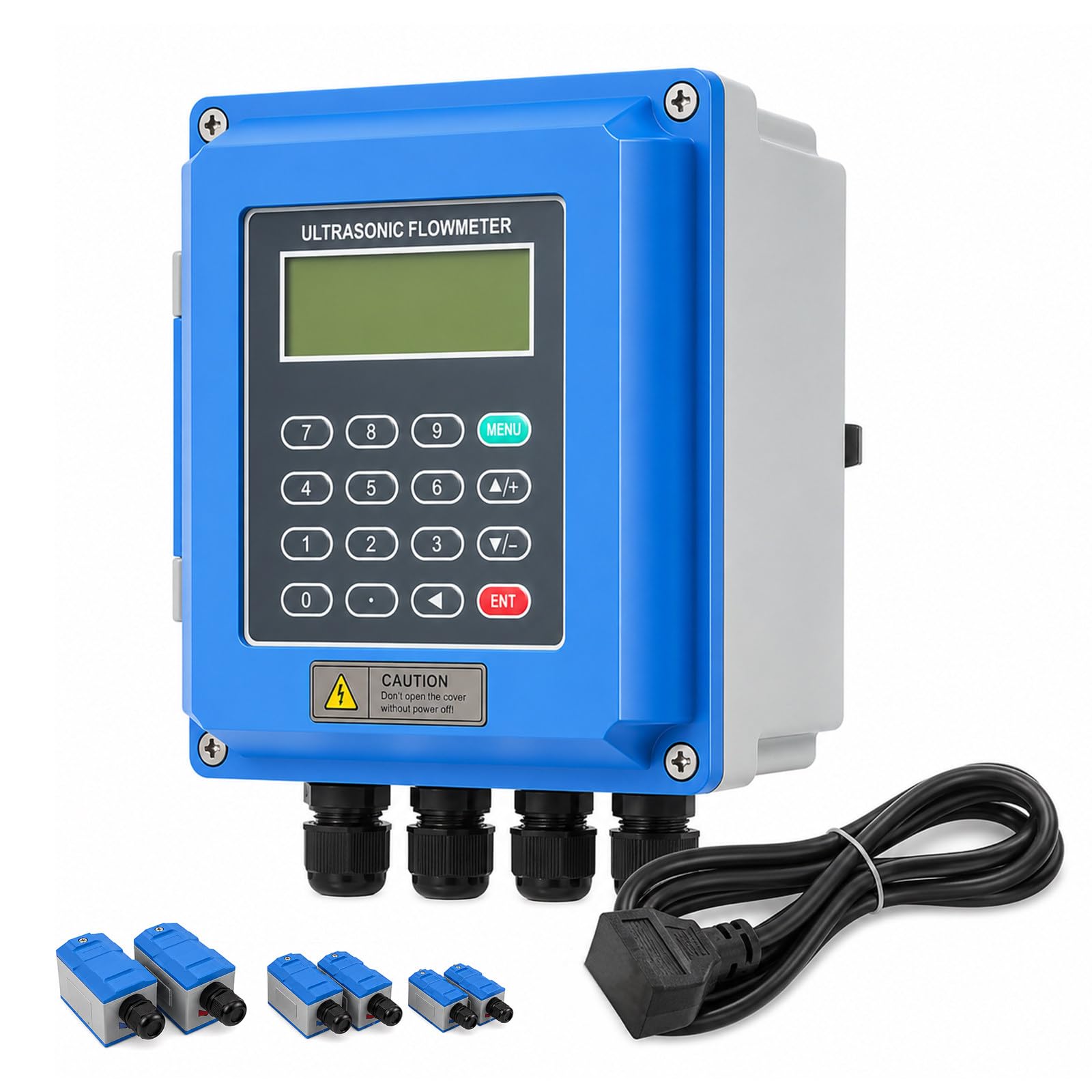 richigblosmum Hydraulic Flow Meter, Wall-Mounted Ultrasonic Flow Meter with 3 Clamp-On Sensors, LCD Display, 4-20mA Output for Industrial Pipeline Liquid Monitoring